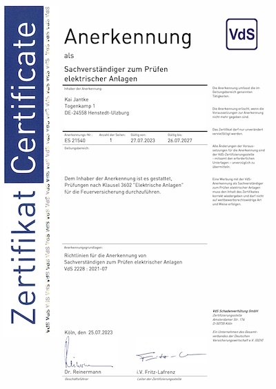 VdS-Anerkennungsnr Elektrosachverständiger: ES 21540
