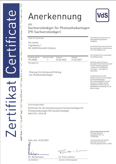 VdS-Anerkennungsnr PV-Sachverständiger: PV 23005